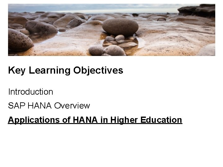 Key Learning Objectives Introduction SAP HANA Overview Applications of HANA in Higher Education 