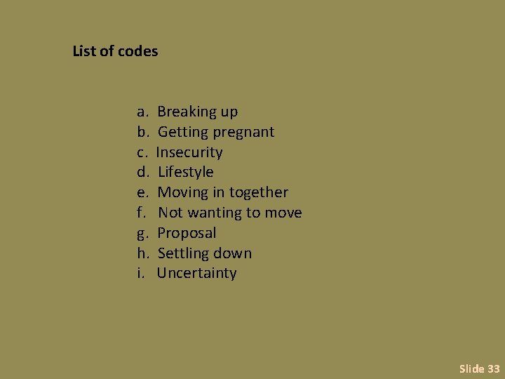 List of codes a. Breaking up b. Getting pregnant c. Insecurity d. Lifestyle e.