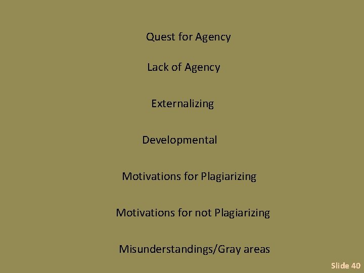 Quest for Agency Lack of Agency Externalizing Developmental Motivations for Plagiarizing Motivations for not