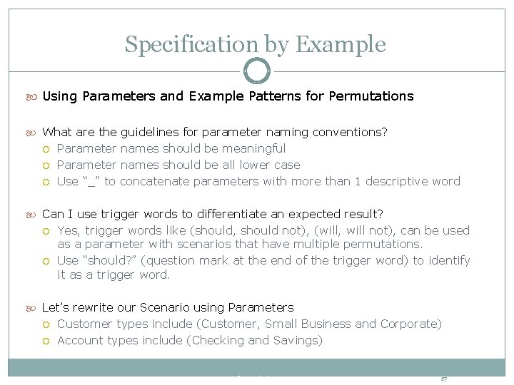 Specification by Example Using Parameters and Example Patterns for Permutations What are the guidelines