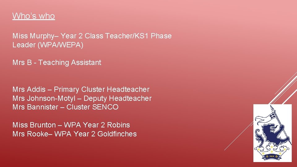 Who’s who Miss Murphy– Year 2 Class Teacher/KS 1 Phase Leader (WPA/WEPA) Mrs B