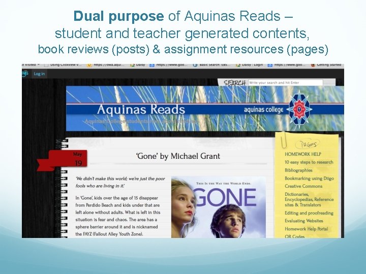 Dual purpose of Aquinas Reads – student and teacher generated contents, book reviews (posts)