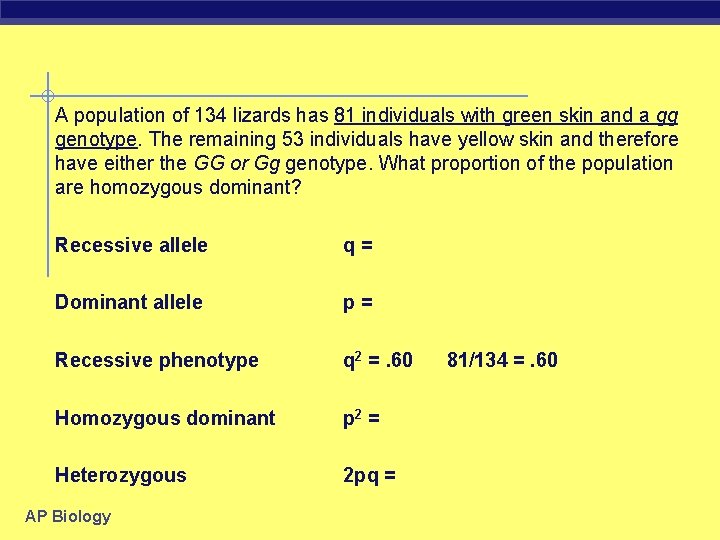 A population of 134 lizards has 81 individuals with green skin and a gg