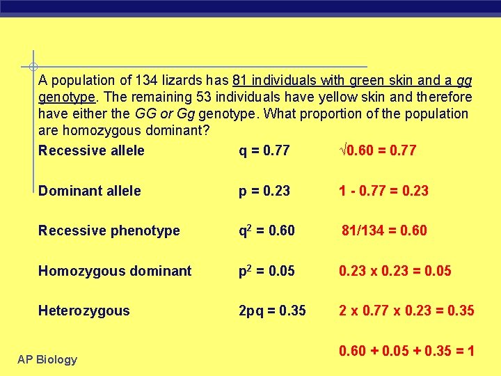 A population of 134 lizards has 81 individuals with green skin and a gg