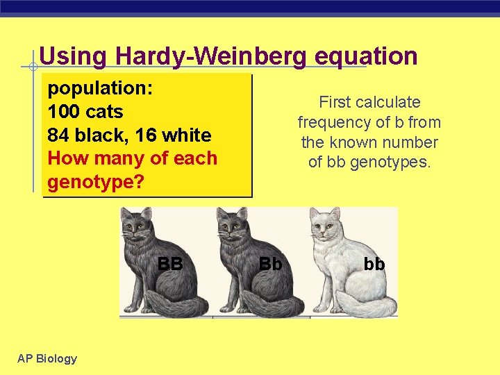 Using Hardy-Weinberg equation population: 100 cats 84 black, 16 white How many of each