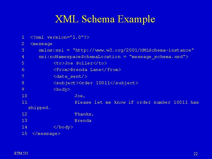 XML Schema Example 1 <? xml version=” 1. 0”? > 2 <message 3 xmlns: