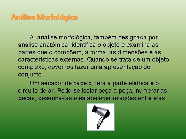 Análise Morfológica A análise morfológica, também designada por análise anatómica, identifica o objeto e