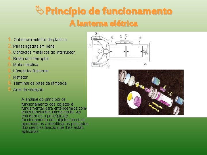  Princípio de funcionamento A lanterna elétrica 1. Cobertura exterior de plástico 2. Pilhas