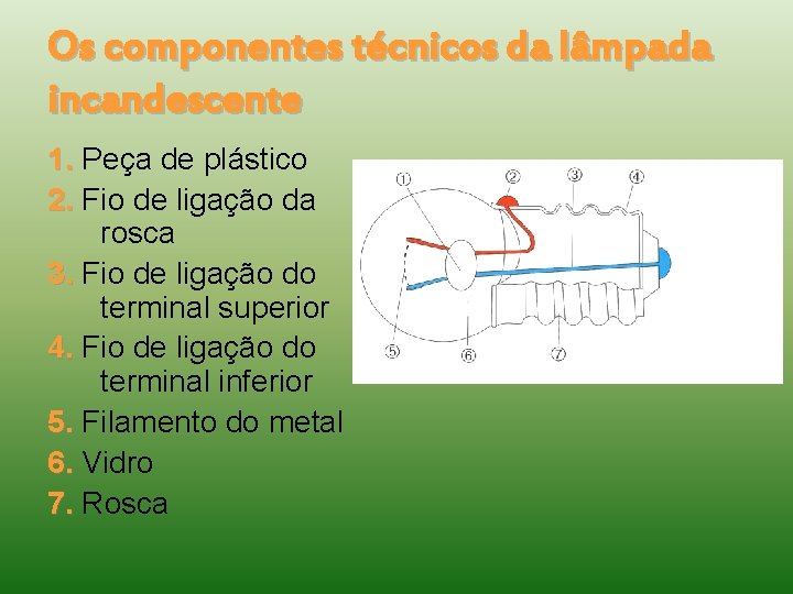 Os componentes técnicos da lâmpada incandescente 1. Peça de plástico 2. Fio de ligação