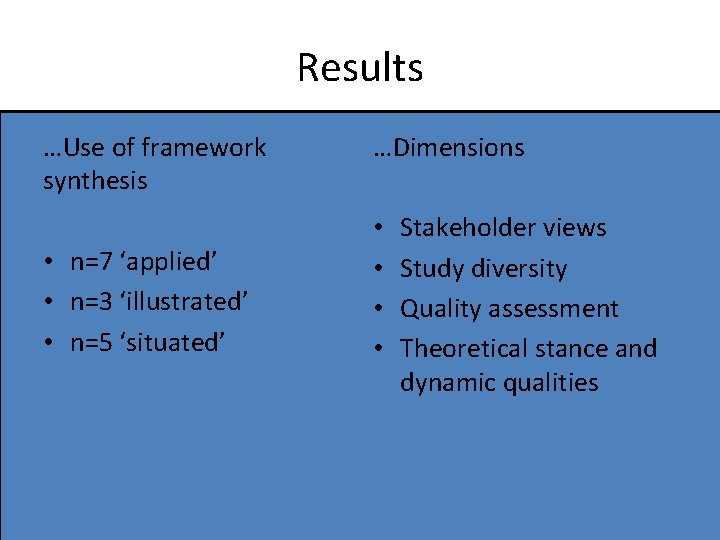 Results …Use of framework synthesis • n=7 ‘applied’ • n=3 ‘illustrated’ • n=5 ‘situated’