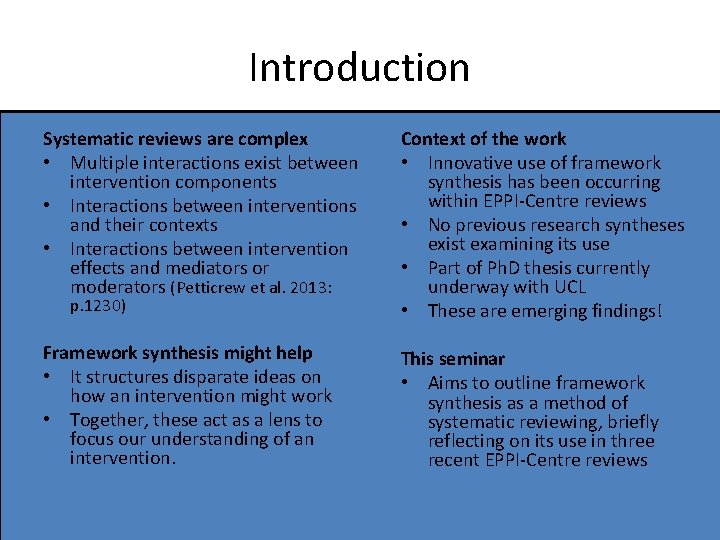 Introduction Systematic reviews are complex • Multiple interactions exist between intervention components • Interactions