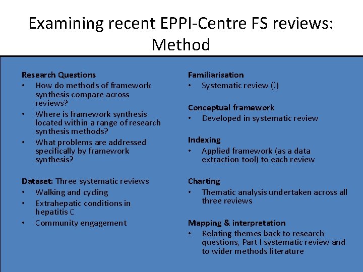 Examining recent EPPI-Centre FS reviews: Method Research Questions • How do methods of framework