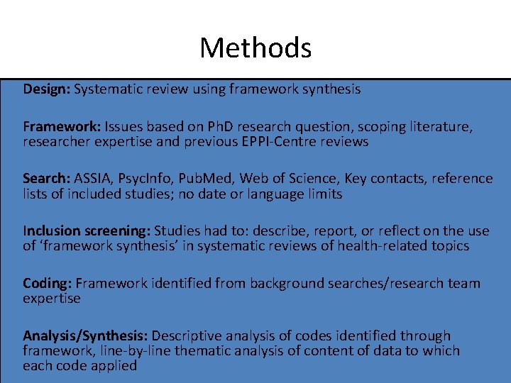 Methods Design: Systematic review using framework synthesis Framework: Issues based on Ph. D research