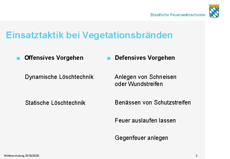 Einsatztaktik bei Vegetationsbränden ■ Offensives Vorgehen ■ Defensives Vorgehen Dynamische Löschtechnik Anlegen von Schneisen