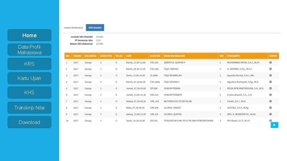 Home Data Profil Mahasiswa KRS Kartu Ujian KHS Transkrip Nilai Download 