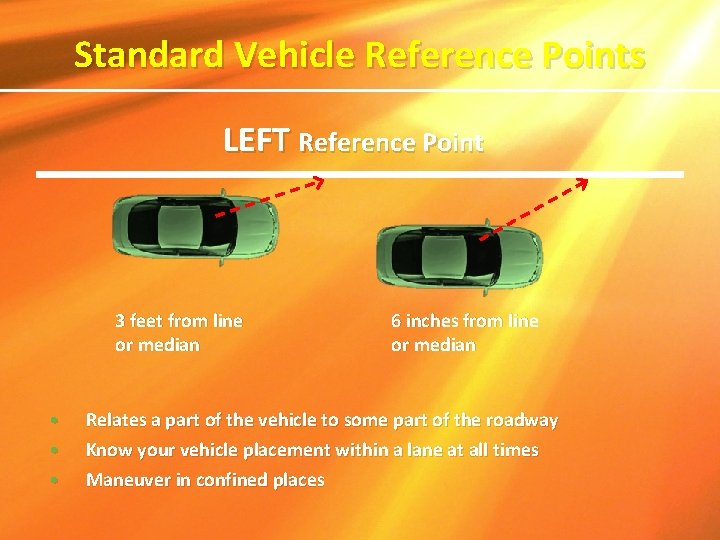 Standard Vehicle Reference Points LEFT Reference Point 3 feet from line or median • Standard Vehicle Reference Points LEFT Reference Point 3 feet from line or median •