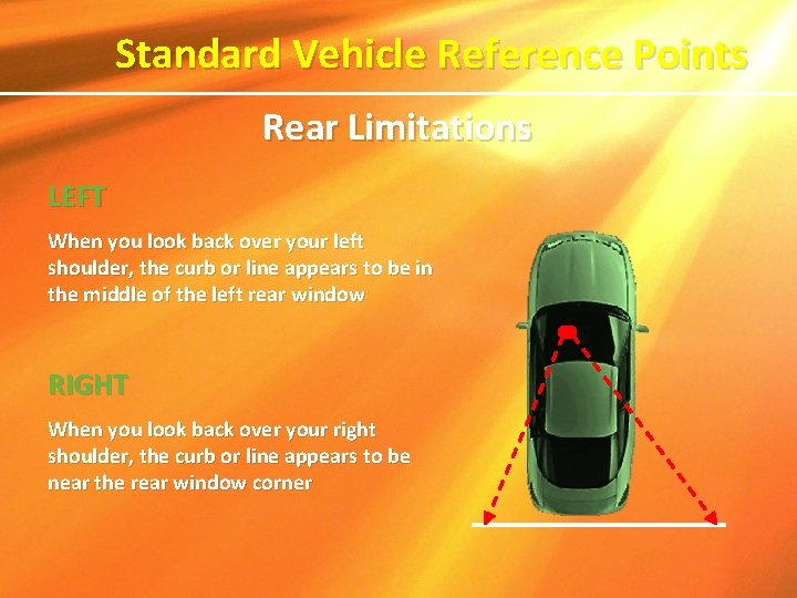 Standard Vehicle Reference Points Rear Limitations LEFT When you look back over your left Standard Vehicle Reference Points Rear Limitations LEFT When you look back over your left