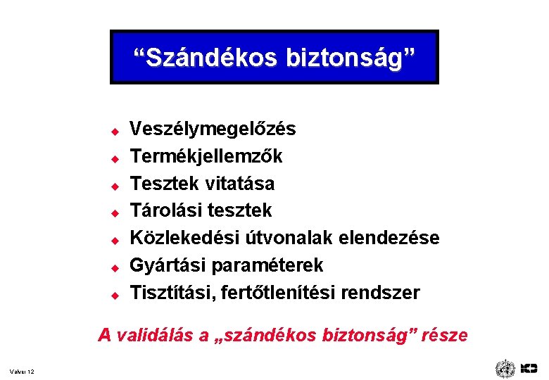 “Szándékos biztonság” u u u u Veszélymegelőzés Termékjellemzők Tesztek vitatása Tárolási tesztek Közlekedési útvonalak