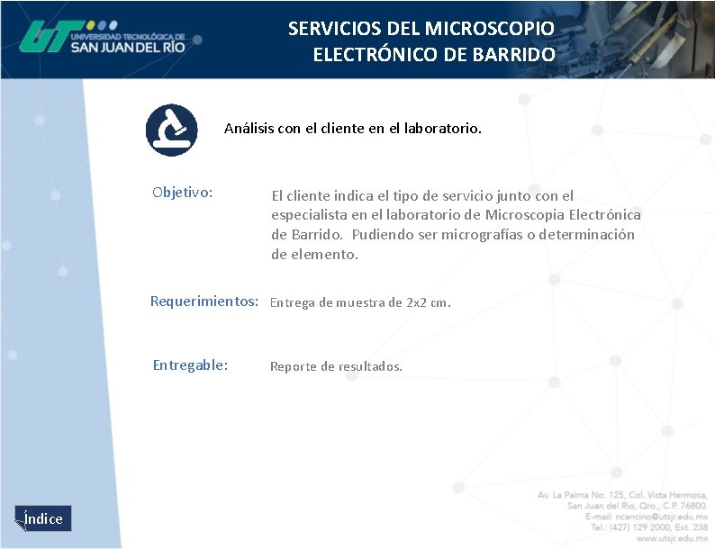 SERVICIOS DEL MICROSCOPIO ELECTRÓNICO DE BARRIDO Análisis con el cliente en el laboratorio. Objetivo: