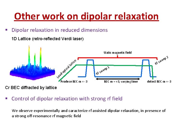 Other work on dipolar relaxation § Dipolar relaxation in reduced dimensions 1 D Lattice