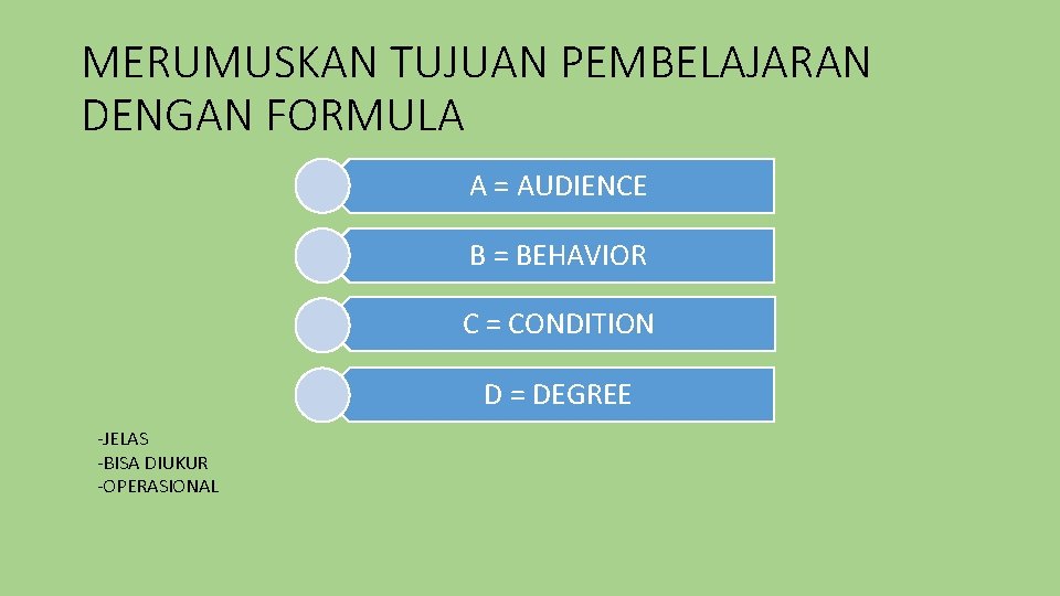 MERUMUSKAN TUJUAN PEMBELAJARAN DENGAN FORMULA A = AUDIENCE B = BEHAVIOR C = CONDITION