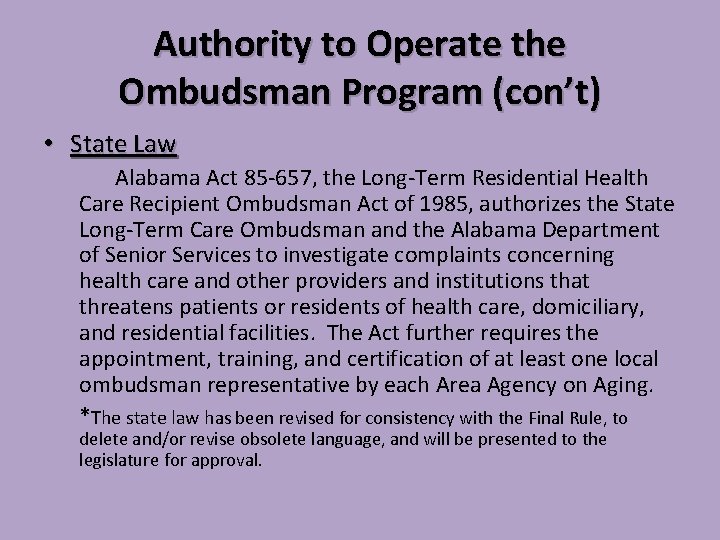 Authority to Operate the Ombudsman Program (con’t) • State Law Alabama Act 85 -657,