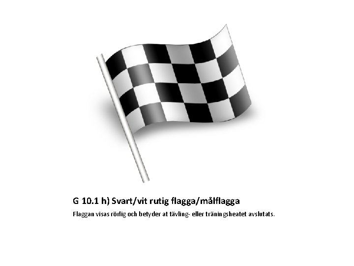 G 10. 1 h) Svart/vit rutig flagga/målflagga Flaggan visas rörlig och betyder at tävling-