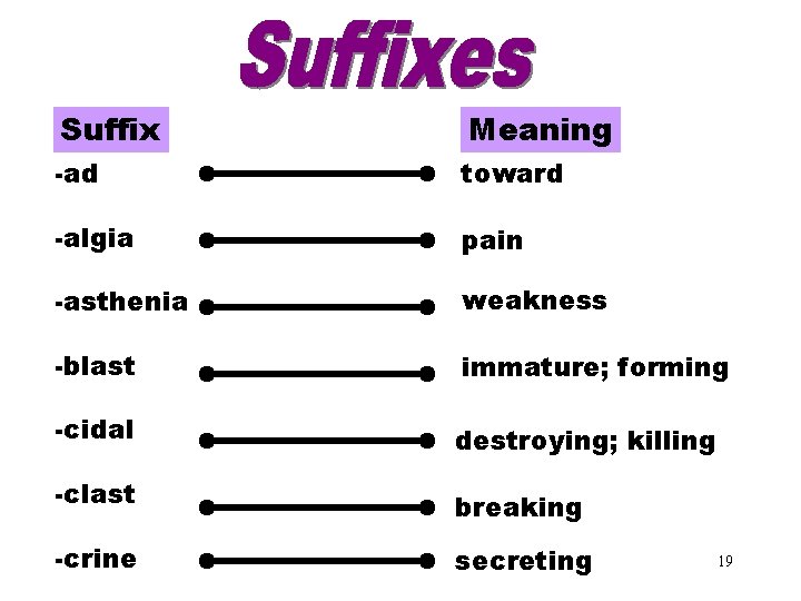 Suffixes (ad–crine) Meaning -ad toward -algia pain -asthenia weakness -blast immature; forming -cidal destroying; Suffixes (ad–crine) Meaning -ad toward -algia pain -asthenia weakness -blast immature; forming -cidal destroying;