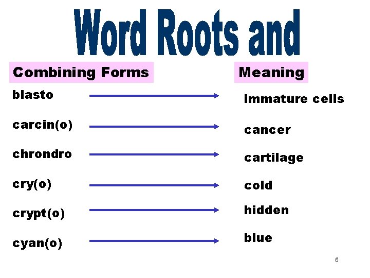 Word Roots and Combining Forms [BLAST(O)] Combining Forms Meaning blasto immature cells carcin(o) cancer