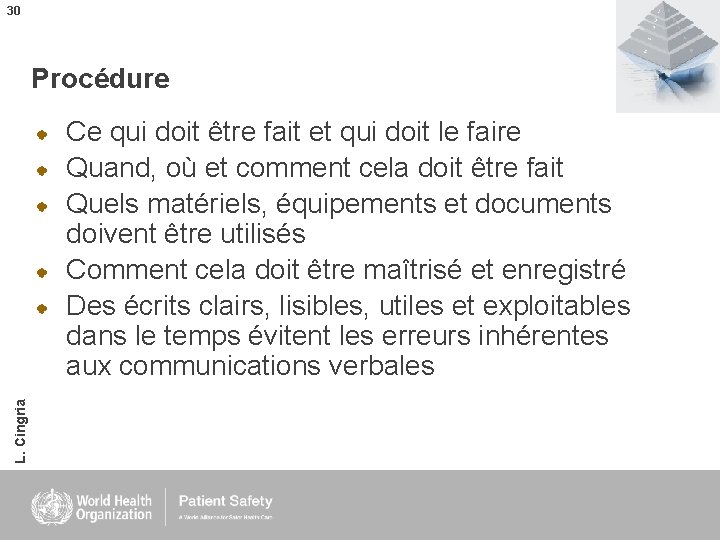 30 Procédure L. Cingria Ce qui doit être fait et qui doit le faire