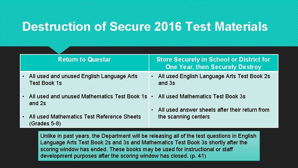 Destruction of Secure 2016 Test Materials Return to Questar • All used and unused