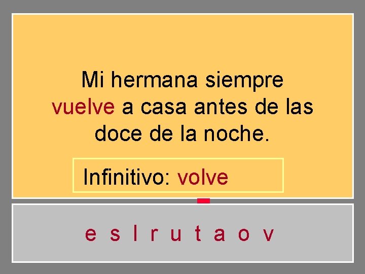 Mi hermana siempre vuelve a casa antes de las doce de la noche. Infinitivo: