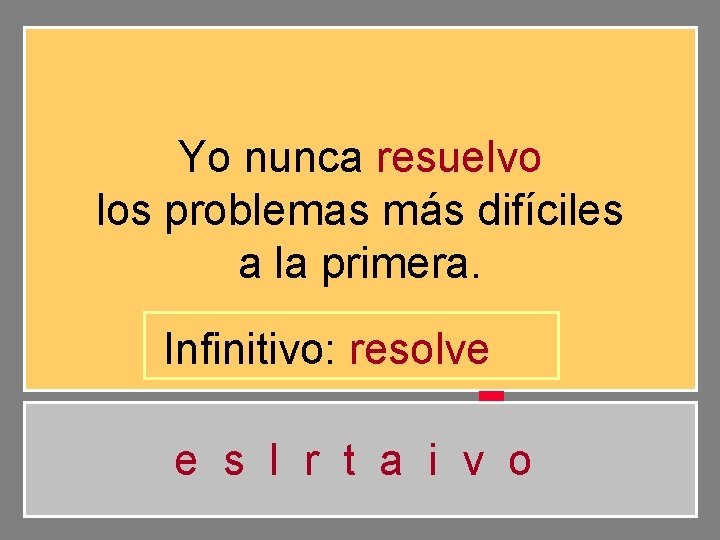 Yo nunca resuelvo los problemas más difíciles a la primera. Infinitivo: resolve e s