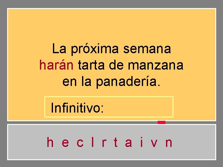 La próxima semana harán tarta de manzana en la panadería. Infinitivo: h e c