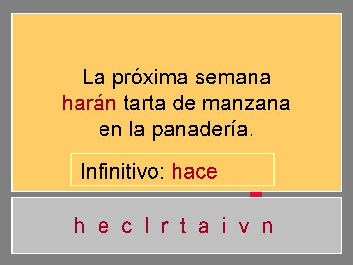 La próxima semana harán tarta de manzana en la panadería. Infinitivo: hace h e