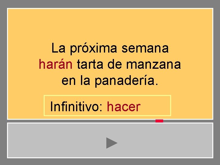 La próxima semana harán tarta de manzana en la panadería. Infinitivo: hacer 