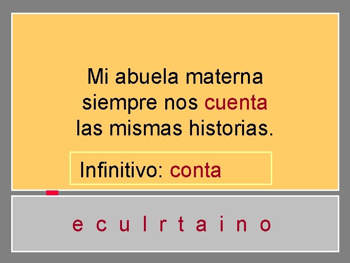 Mi abuela materna siempre nos cuenta las mismas historias. Infinitivo: conta e c u