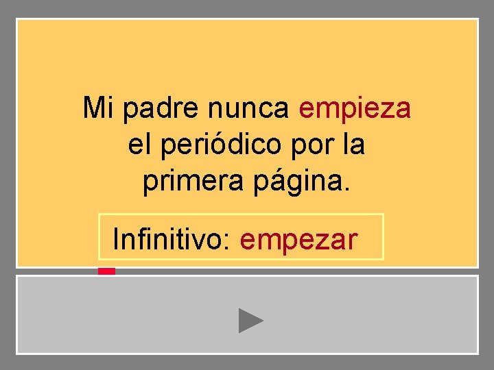 Mi padre nunca empieza el periódico por la primera página. Infinitivo: empezar 