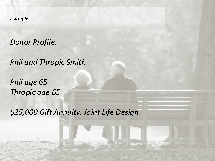 Example Donor Profile: Phil and Thropic Smith Phil age 65 Thropic age 65 $25,