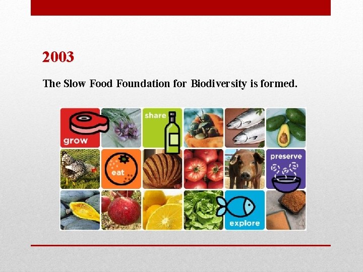 2003 The Slow Food Foundation for Biodiversity is formed. 