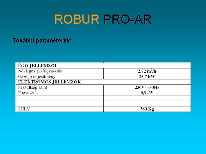 ROBUR PRO-AR További paraméterek: 