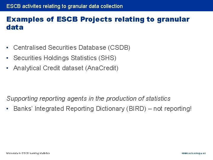 Rubric ESCB activites relating to granular data collection Examples of ESCB Projects relating to