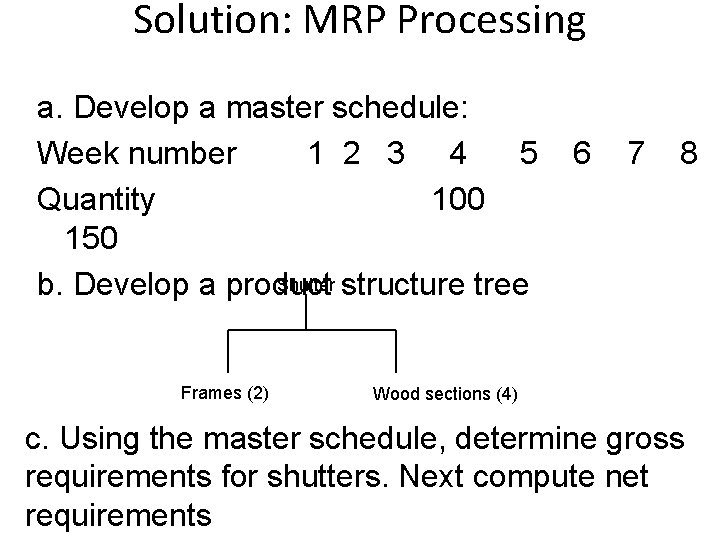 Solution: MRP Processing a. Develop a master schedule: Week number 1 2 3 4