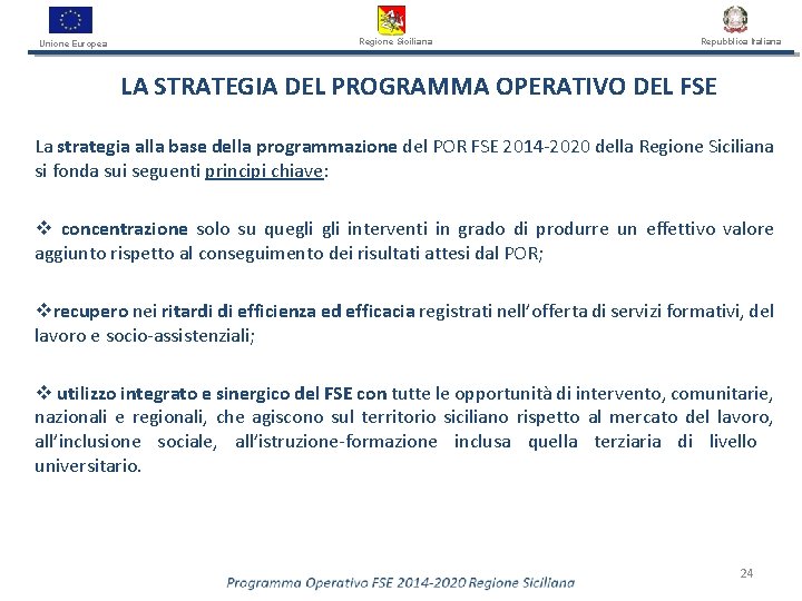 Unione Europea Regione Siciliana Repubblica Italiana LA STRATEGIA DEL PROGRAMMA OPERATIVO DEL FSE La