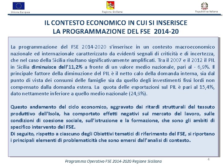 Unione Europea Regione Siciliana Repubblica Italiana IL CONTESTO ECONOMICO IN CUI SI INSERISCE LA