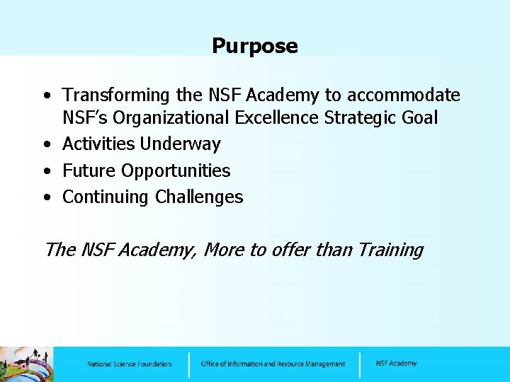 Purpose • Transforming the NSF Academy to accommodate NSF’s Organizational Excellence Strategic Goal •