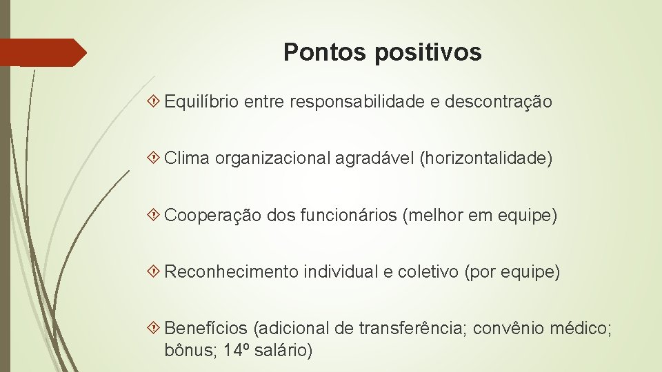 Pontos positivos Equilíbrio entre responsabilidade e descontração Clima organizacional agradável (horizontalidade) Cooperação dos funcionários Pontos positivos Equilíbrio entre responsabilidade e descontração Clima organizacional agradável (horizontalidade) Cooperação dos funcionários