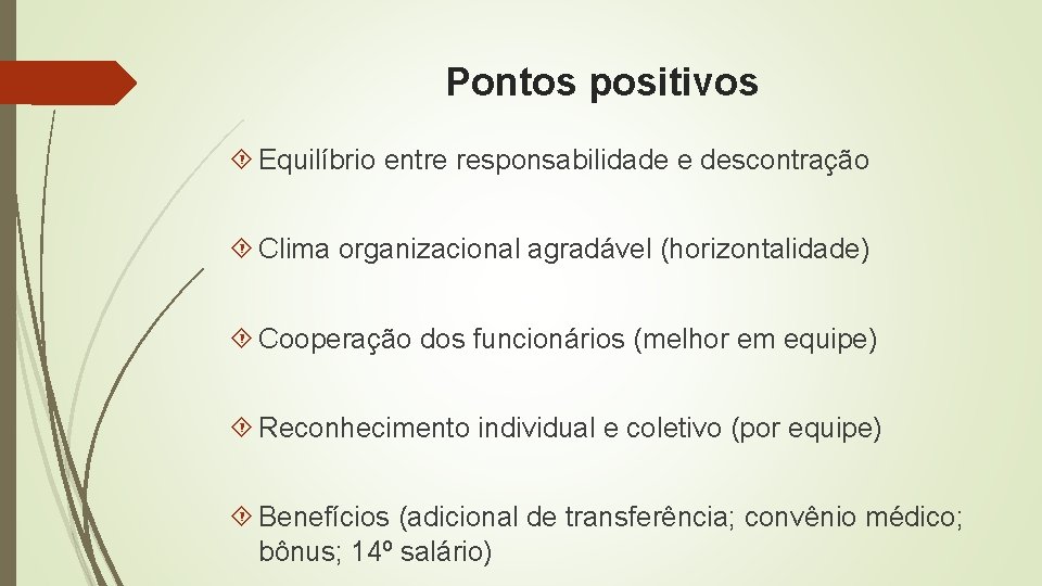 Pontos positivos Equilíbrio entre responsabilidade e descontração Clima organizacional agradável (horizontalidade) Cooperação dos funcionários