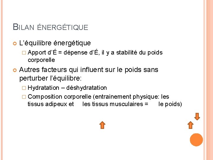 BILAN ÉNERGÉTIQUE L’équilibre énergétique � Apport d’É = dépense d’É, il y a stabilité