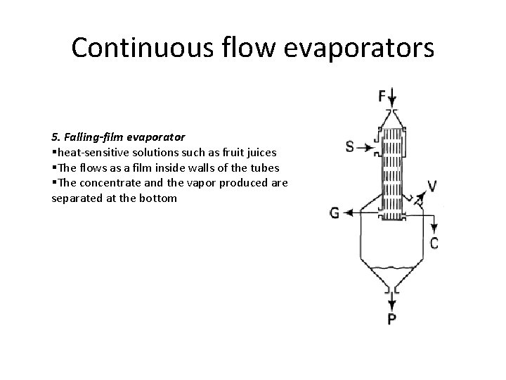 Continuous flow evaporators 5. Falling-film evaporator §heat-sensitive solutions such as fruit juices §The flows